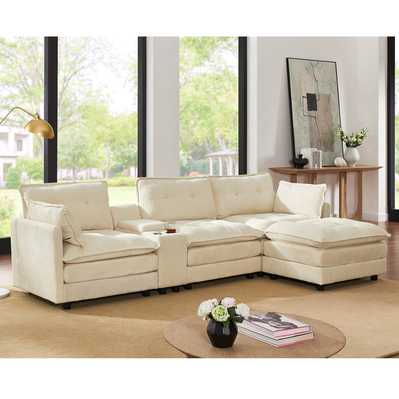 Canapé modulaire surdimensionné en velours côtelé de 119 po avec 1 repose-pieds et 1 console multifonctionnelle, canapé rembourré 4 places avec port USB et 2 porte-gobelets