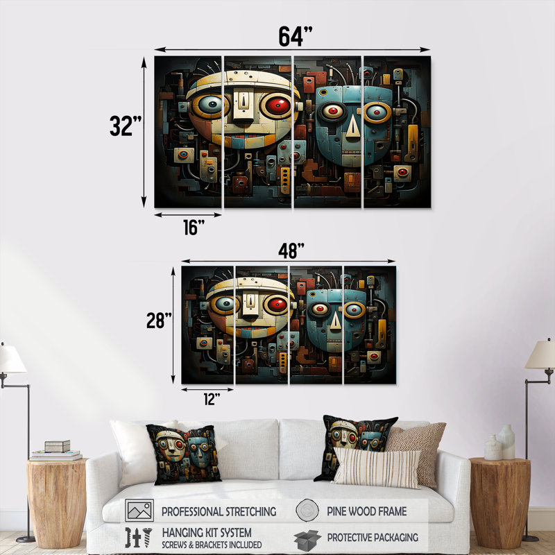 «Blue and Bleige Robot Revolution - Science Fiction», ensemble de 4 reproductions d'art mural, H 32 po x l 64 po