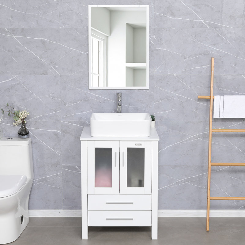 24" White MDF Bathroom Vanity with Ceramic Sink and Chrome Faucet