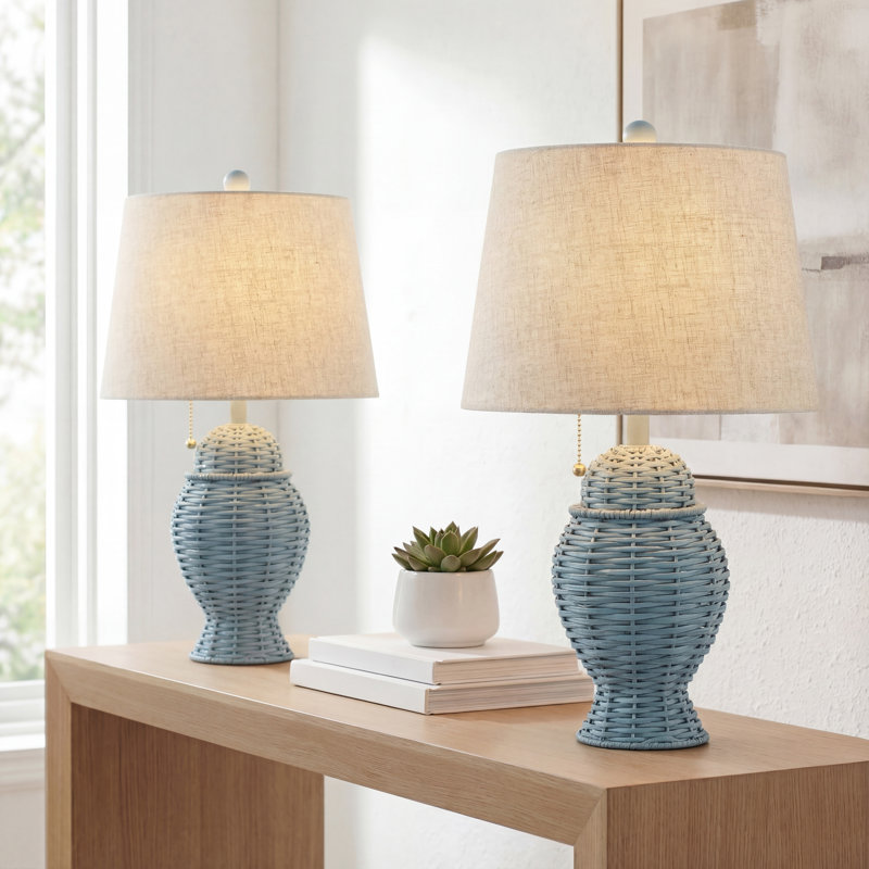 Lampe de table DEL en fer rustique bohémien à DEL 20,5 po Alahbasri, naturel / beige, Bleu