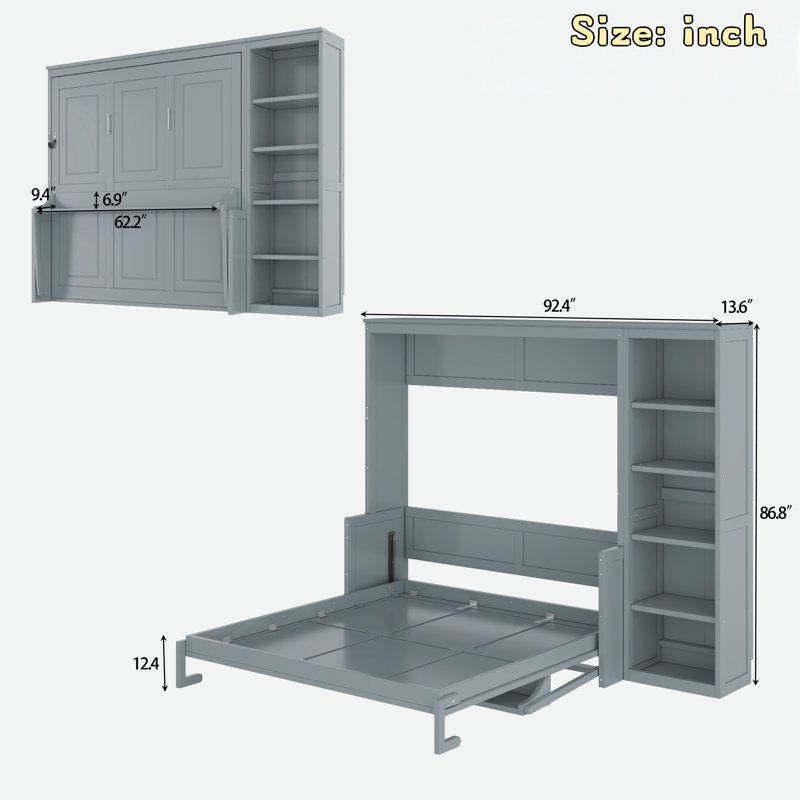 Lit escamotable avec bureau et tablettes Murphy, Gris, Grand lit