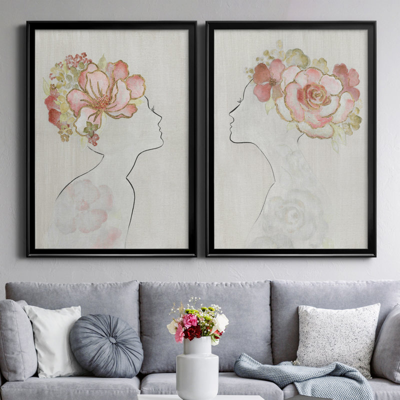 Fashion Floral Silhouette I - Ensemble de 2 peintures sur toiles, H 26,5 po x l 73 po x P 1,5 po, Black Framed Canvas