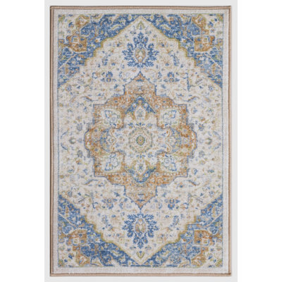 Lyanne Washable Non-Slip Medallion Blue Area Rug