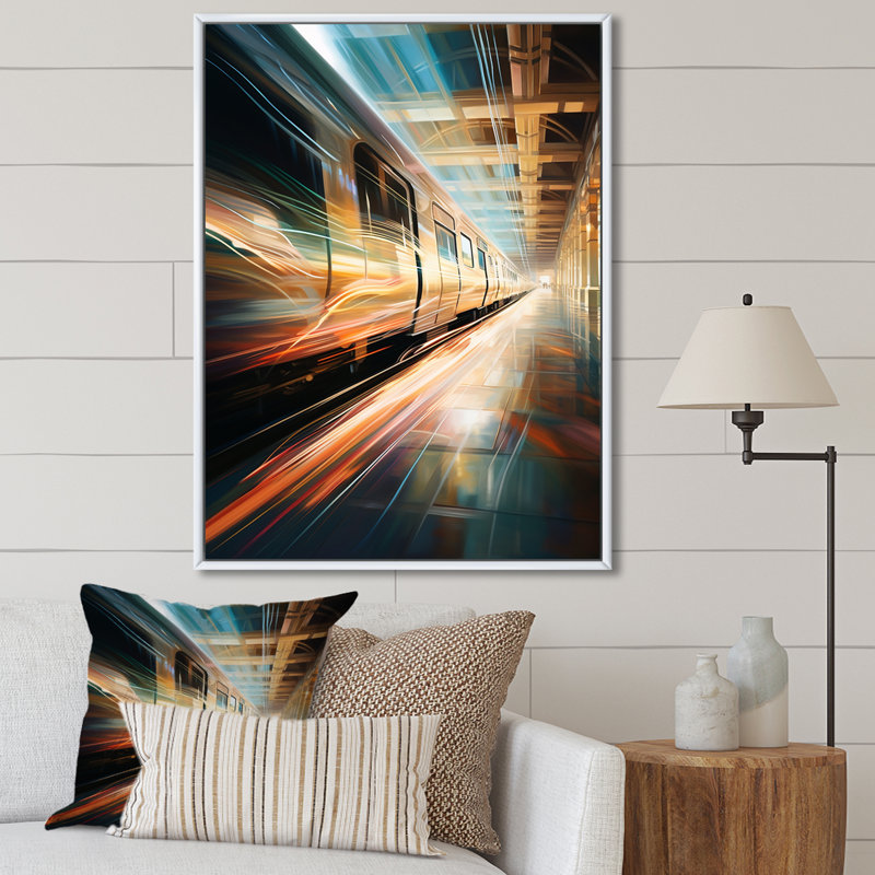 " Train Luminous Trail Lights I ", 20" H x 12" W x 1" D, White Floater Framed