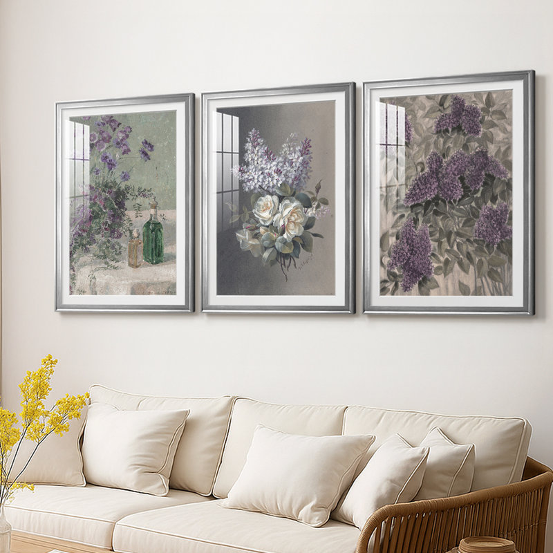 Imprimé floral rétro CCLxxi - impression encadrée sur mesure de qualité supérieure - 3 pièces, Argent argent