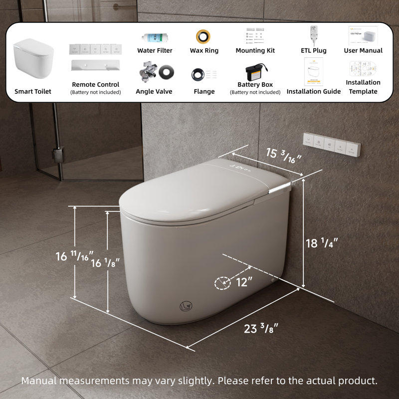 Toilette compacte bidet Los Flexi E81 de 23,4 po de profondeur, cuve une pièce sans rebord, réservoir intégré, couvercle à ouverture / fermeture automatique, capteur de pied et chasse automatique, chasse de secours, lavage à l'eau chaude instantanée, siège chauffant, séchoir à air chaud, Veilleuse, télécommande, 1,28 GPF, 12 po brut