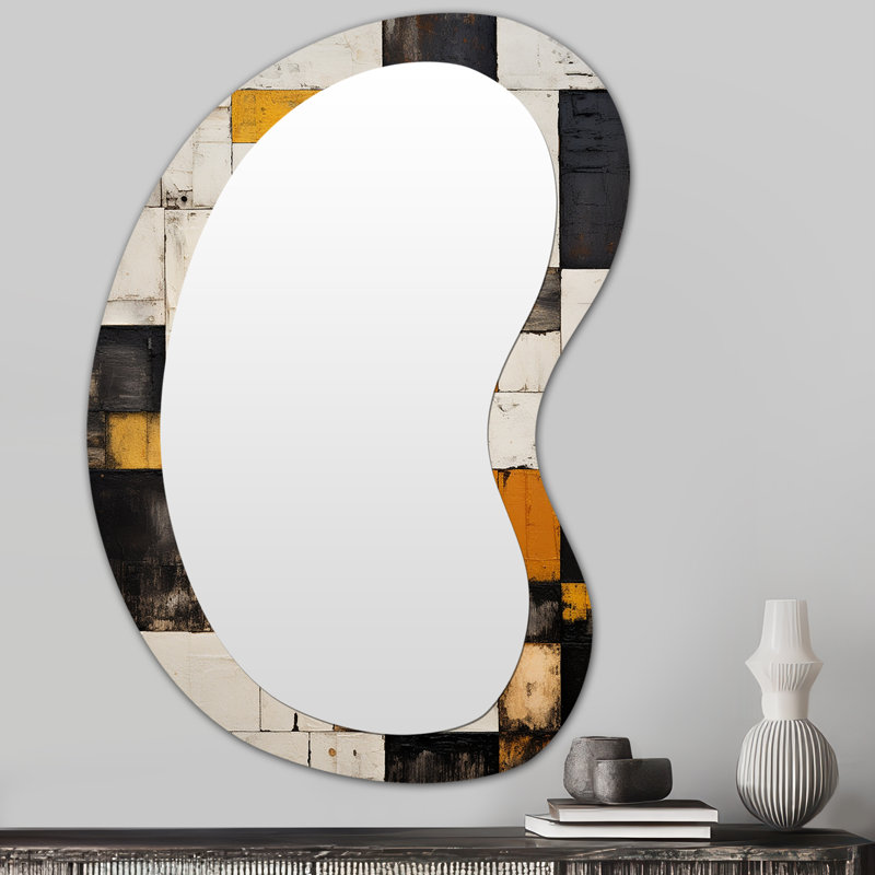 Frideres cubiste rétro patchwork - peinture abstraite miroir asymétrique, miroir mural décoratif de forme unique blanc, impression d'art en métal