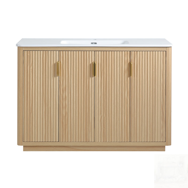 Meuble-lavabo autoportant avec finition en bois naturel, motif rayé, lavabo en céramique et grand espace de rangement