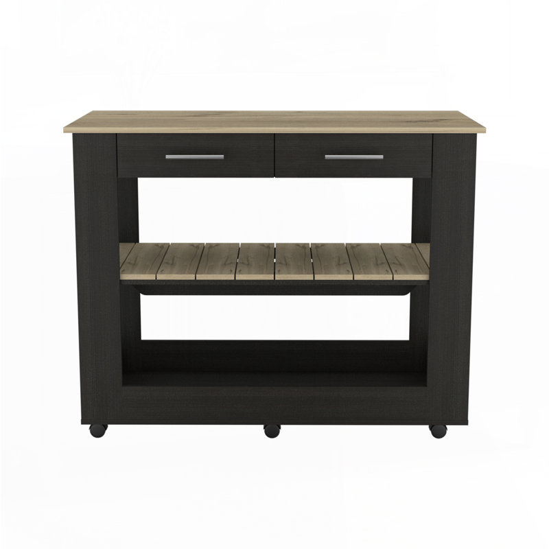 Kitchen Island with Drawer Shelves and Casters, Black Pine, 36.5" H x 46" W x 20" D