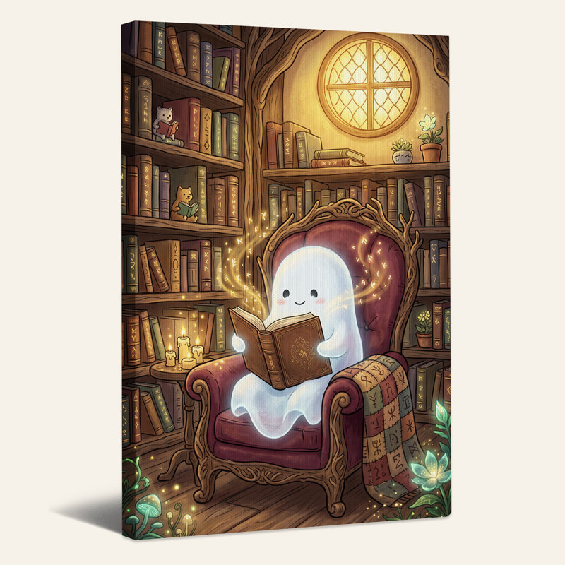 Mignon fantôme lisant un livre magique dans une bibliothèque confortable, art mural d'Halloween, H 18 po x l 12 po