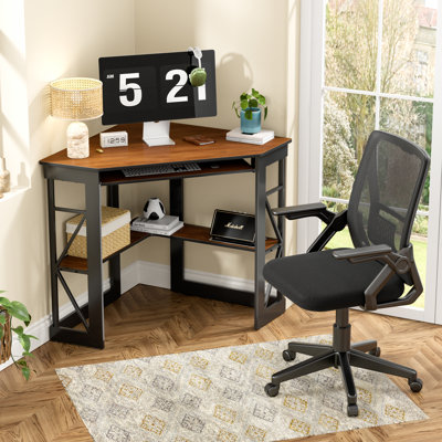 2-Piece Corner Computer Desk And Ergonomic Mesh Office Chair Set, L-Shaped Home Office Workstation With Storage Shelves And Adjustable Swivel Task Chair With Wheels, Space-Saving Study Writing Desk For Bedroom, Gaming, Small Office