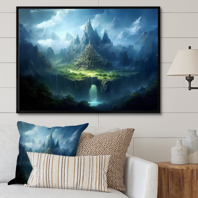 Château de conte de fées V sur toile, H 34 po x l 44 po x P 1,5 po, Cadre flottant noir