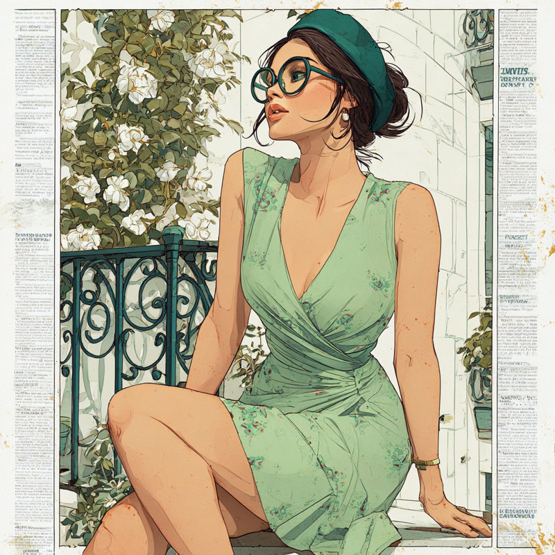 «Elegant Woman in Green Dress with Glasses», art mural sur toile tendue, H 20 po x l 20 po