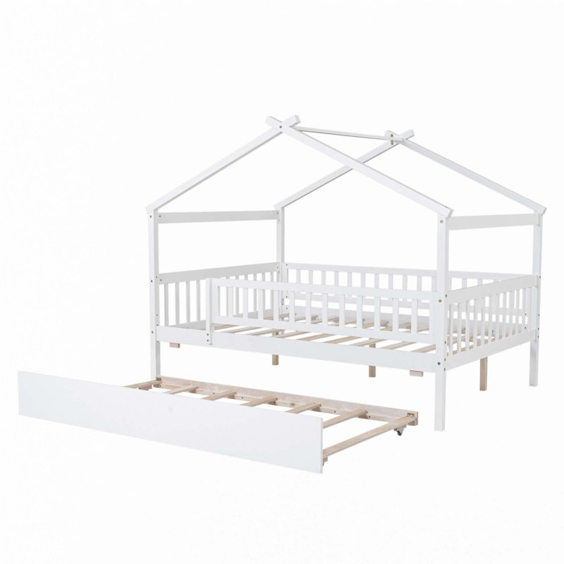 Lit en bois avec lit gigogne simple, Full, White