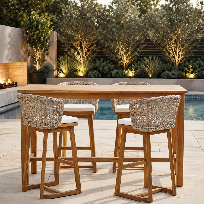 Tabourets de bar d'extérieur en bois d'acacia (4 PCS) avec coussin et dossier en osier, durables et confortables pour le patio et la piscine