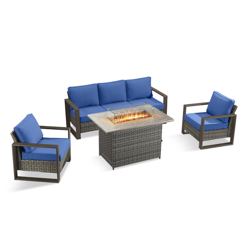 Aldiana 4-Piece Outdoor Conversation Set With Fire Pit Table, 5-Person Wicker Patio Seating Group With Sofa And Armchairs