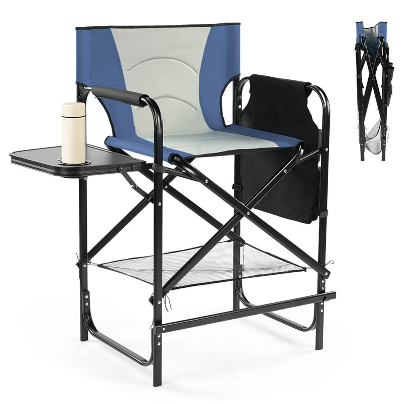 Chaise de réalisateur pliante en fer 31 po avec porte-gobelet intégré, table d'appoint et pochette de rangement, Marine