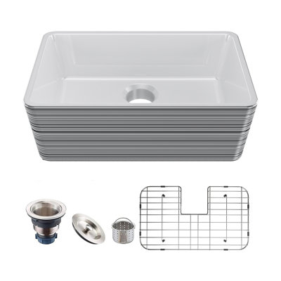 24-inch Small Farmhouse Ceramic Kitchen Sink, Luxury Stripes Sink With Strainer & Bottom Grids, Laundry Sink