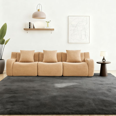 Modern Compressed Boneless Teddy Fabric Upholstered 3-Seater Sofa with Non-Slip Base