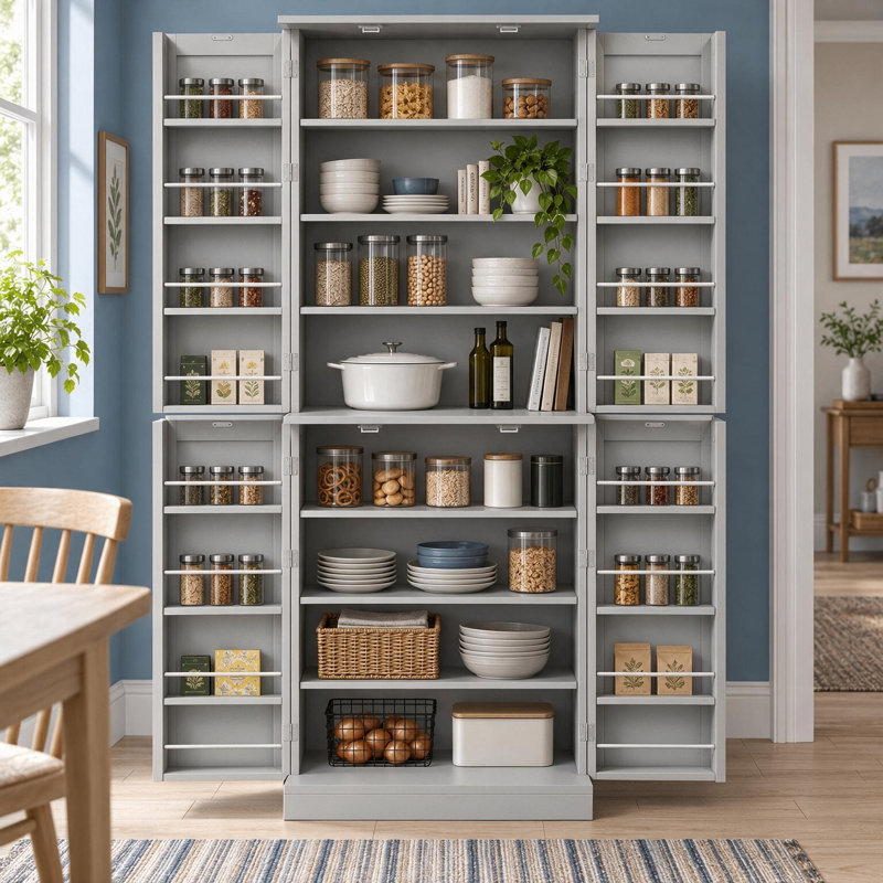 Armoire de cuisine et salle à manger autoportante de style campagnard moderne, avec étagères réglables et rangement dissimulé, dotée de porte-étagères, idéale pour les cuisines et les salles à manger.