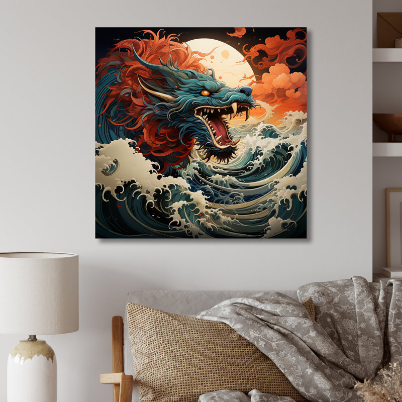 Dragon japonais sur la vague au large de Kanagawa I - art mural en métal Dragons, H 16 po x l 16 po