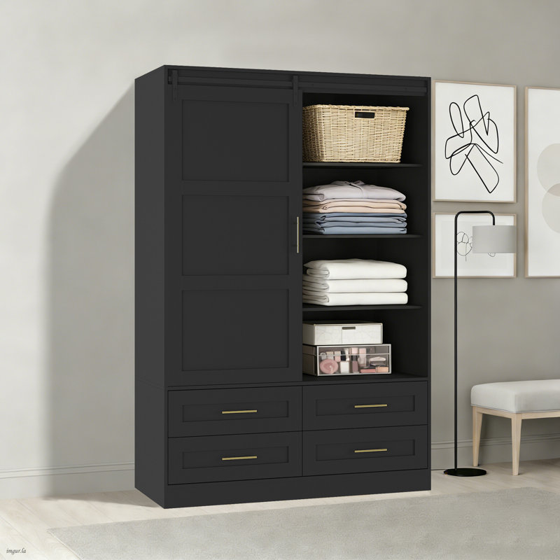 Armoire rustique à portes coulissantes avec 4 tiroirs et barre de suspension, tablettes réglables, finition noire