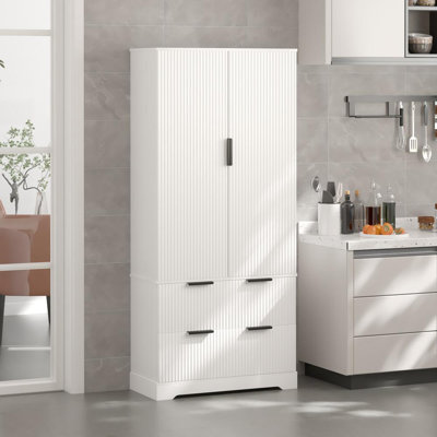 Freestanding Modern Fluted Kitchen Pantry Cabinet with 2 Large Drawers & 8-Door Spice Rack