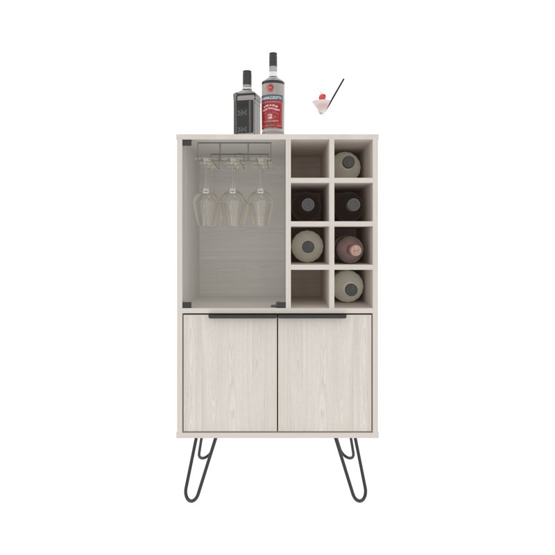 Bar Cabinet 43.1" H, with 2 Doors, 9 Shelves, and 1 Glass Panel, White Washed Oak