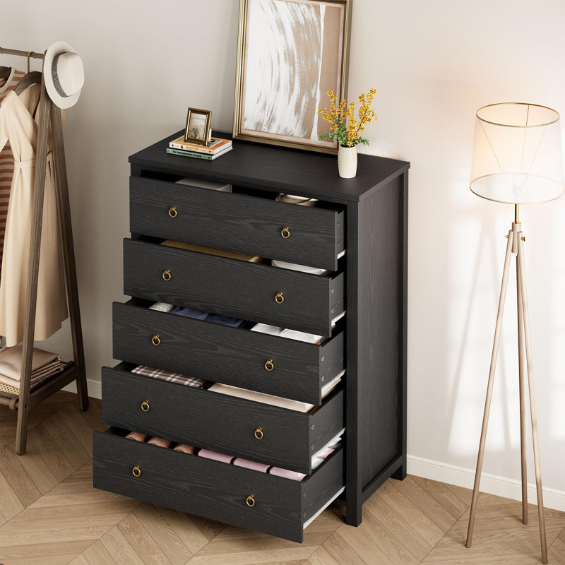 Commode 4/5 tiroirs pour chambre à coucher, commode noire moderne avec rangement pour vêtements, Noir