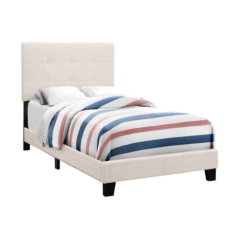 Lit simple tapissier, lin beige, plateforme d'aspect lin confortable pour les ados
