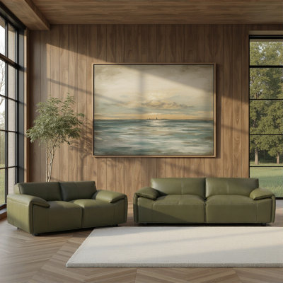 Cremeans 2-Piece Leather Living Room Set Green Or Khaki