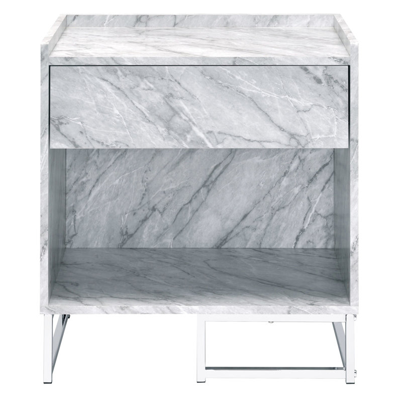Table d'appoint rectangulaire en faux marbre avec tiroir et garniture de rangement supplémentaire en blanc - tablette pour l'organisation du salon