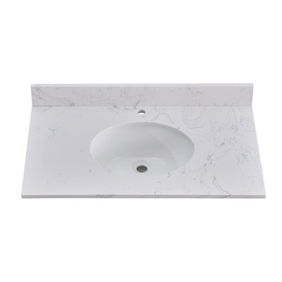 36" Engineered Stone Single Bathroom Vanity Top In Carrara White With Sink Faucet Hole/Backsplash/Overflow (Top Only)