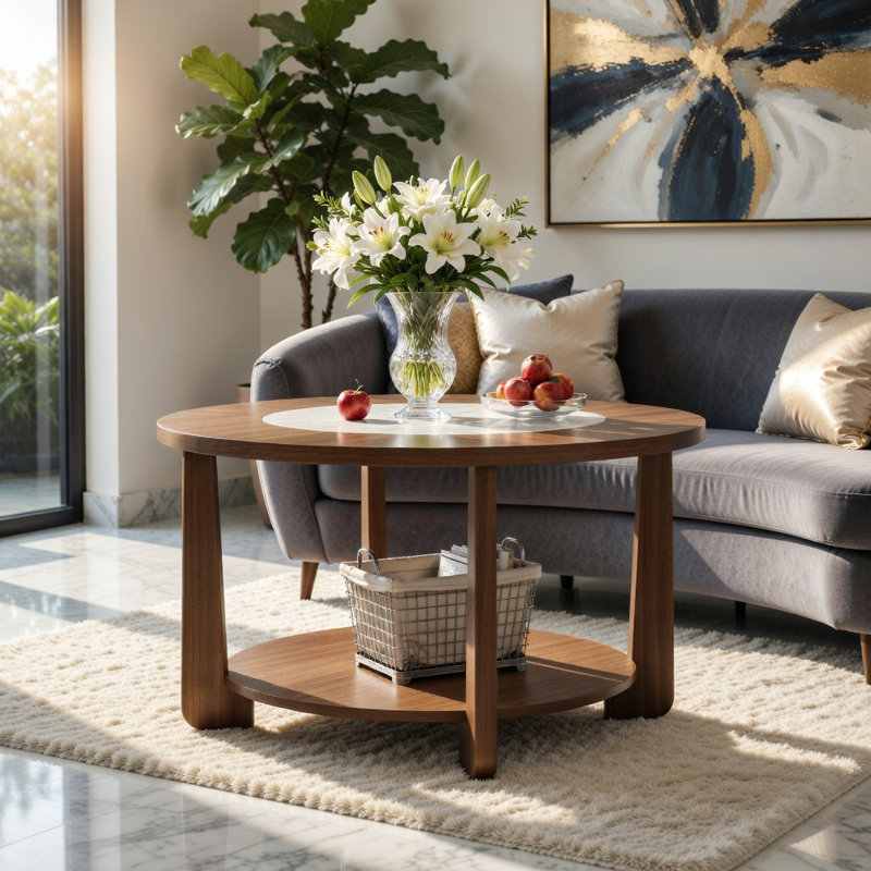 Table basse ronde Hommoo de style campagnard avec plateau bicolore, tablette de rangement ouverte, pieds en bois d'hévéa, table d'appoint de salon de 31,5 po de diamètre, blanc et brun