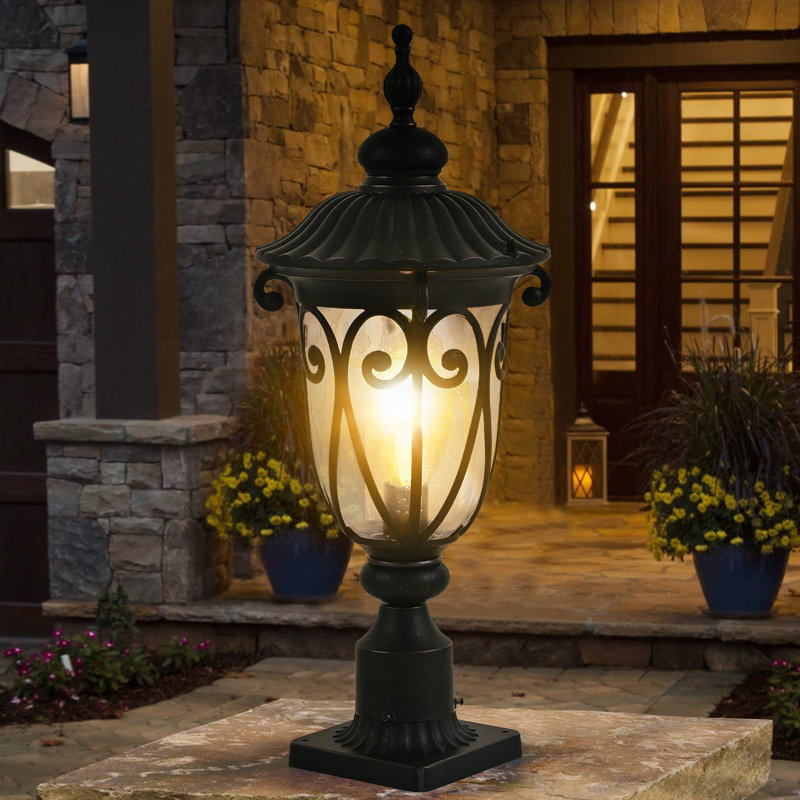Lampadaire d'extérieur bronze antique avec verre bullé texturé