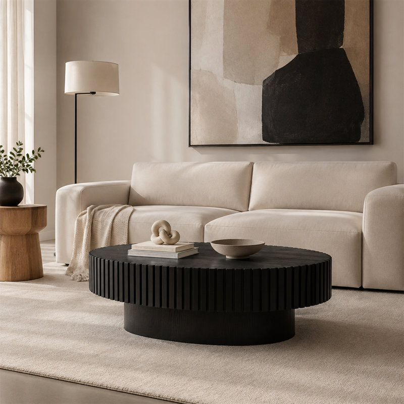 Table basse moderne ovale noire de 43,7 po avec base piédestal robuste pour le salon, Noir mat
