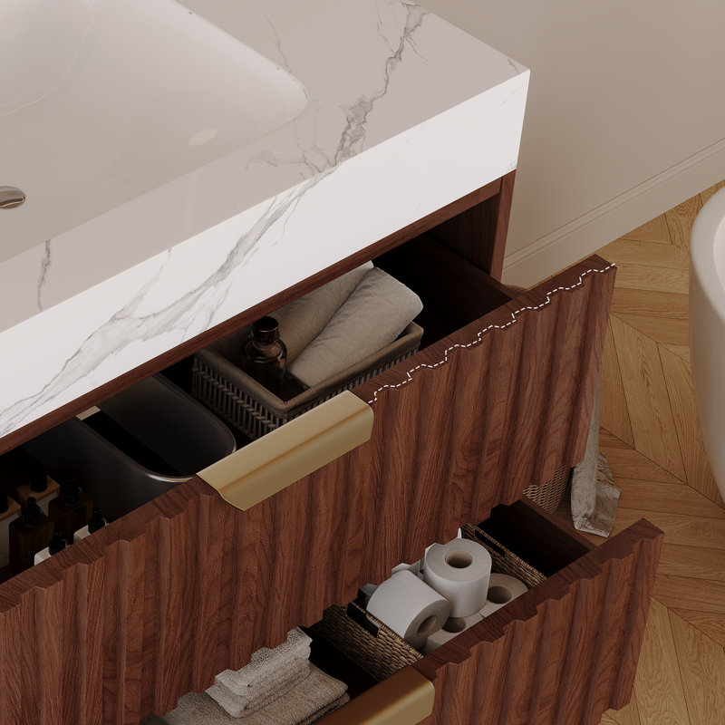 Meuble-lavabo flottant mural moderne avec plateau en pierre frittée et tiroirs à fermeture en douceur Lumifloat, Blanc