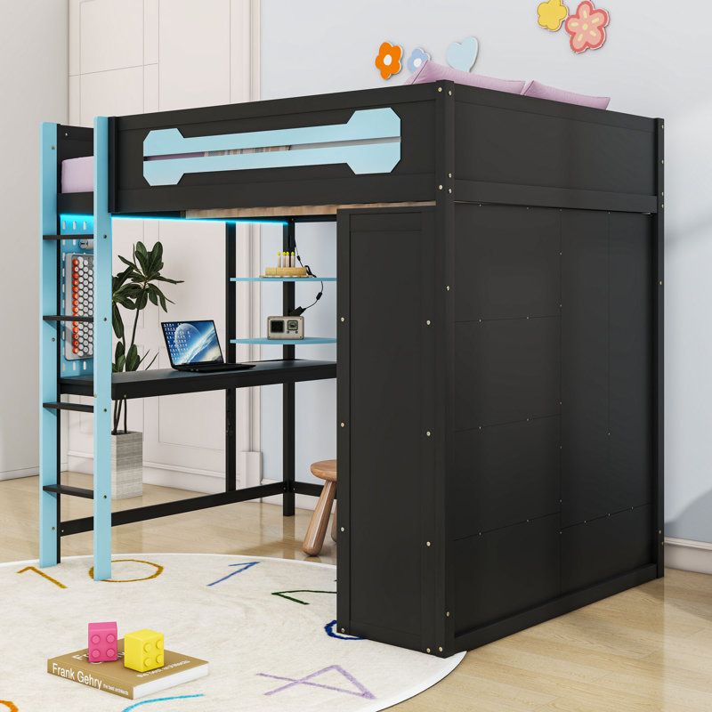 Full Wood Loft Bed With Desk, Open Wardrobe, LED Light And Power Outlets, Blue