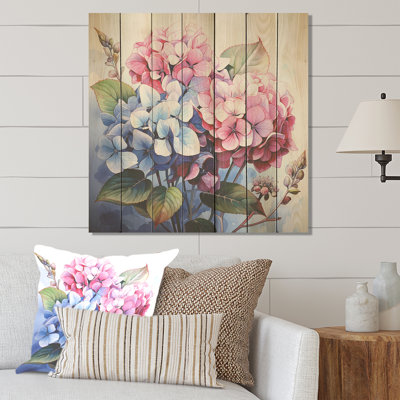 Pink And Purple Hydrangea Flowers Harmony II - Hydrangea On Wood Print