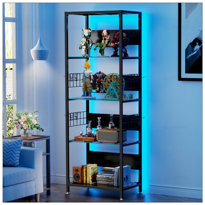 4-Tier Glass Display Shelf With RGB Lights, Adjustable Storage, And Hooks For Versatile Home And Office Use