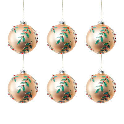 Christmas Matte Glass Ball Tree Ornaments with Festive Botanical Design, Set of 6