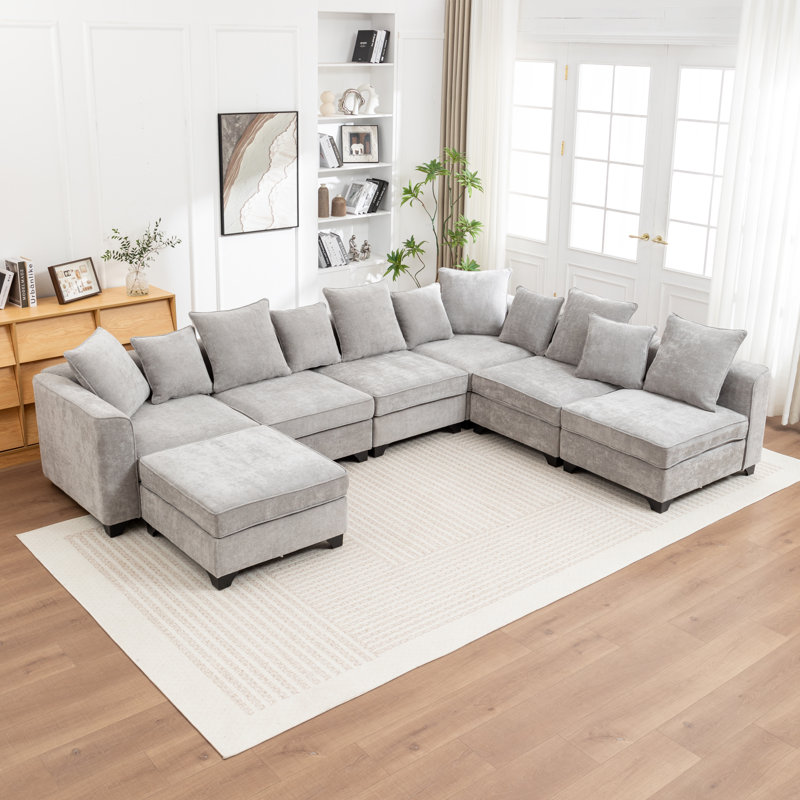 Canapé modulaire en U rembourré 7 pièces Kempson, Polyester gris