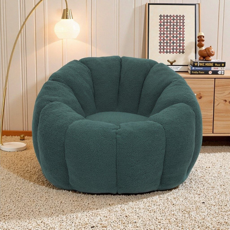 Compression Pumpkin Bean Bag Sofa For Adults, Soft Teddy Fabric Bean Bag Chair, Dark Green Teddy