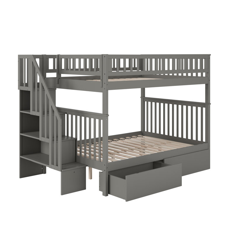 Ilariana Wood Bunk Bed with Staircase and Drawers , Gray, Full over Full