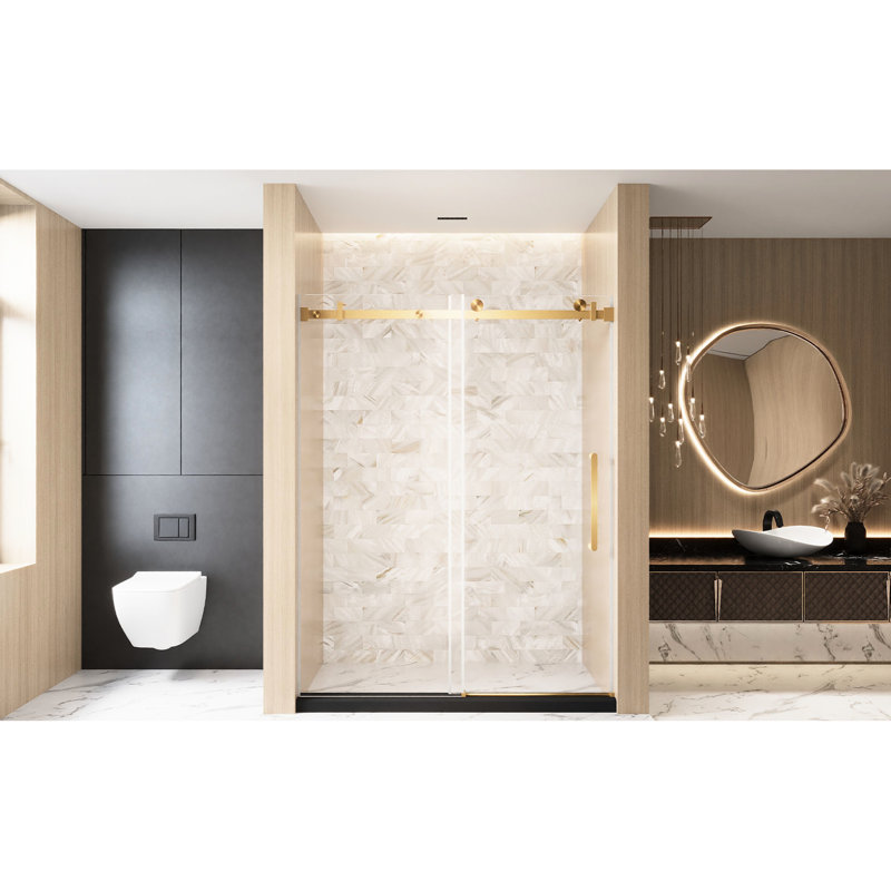 Single Sliding Shower Door With 1/4" (6 Mm) Clear Tempered Glass, Proof Film, Stainless Steel Handle And Square Tube Track, Brushed Gold, American Style For Bathroom, Large Wheels Smooth Easy