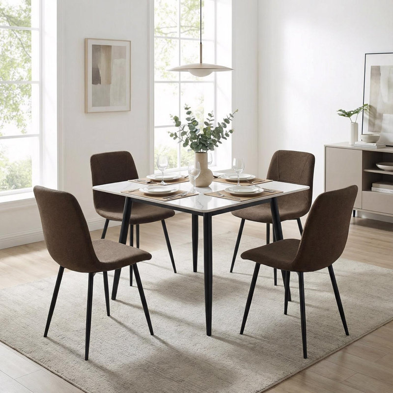 Linen Upholstered Black Steel Frame Dining Chairs, 4, Brown