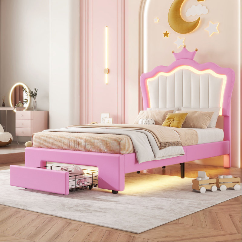 Twin Size Upholstered Bed Frame With LED Lights, Modern Upholstered Princess Bed With Crown Headboard, A Drawer, Pink+White