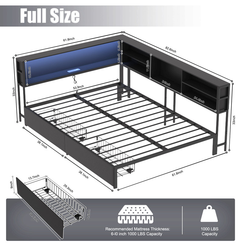 Corner Daybed With Storage Drawers, Bookcase Headboard, Led Lighting & Usb Charging Station, Black, Full