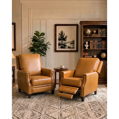 Ensemble de 2 fauteuils inclinables ZETTEN en cuir véritable, pieds en bois massif, dossier haut ergonomique, finition rivetée, facile à nettoyer et à monter, coussin épais, idéal pour le salon ou le bureau, marron.