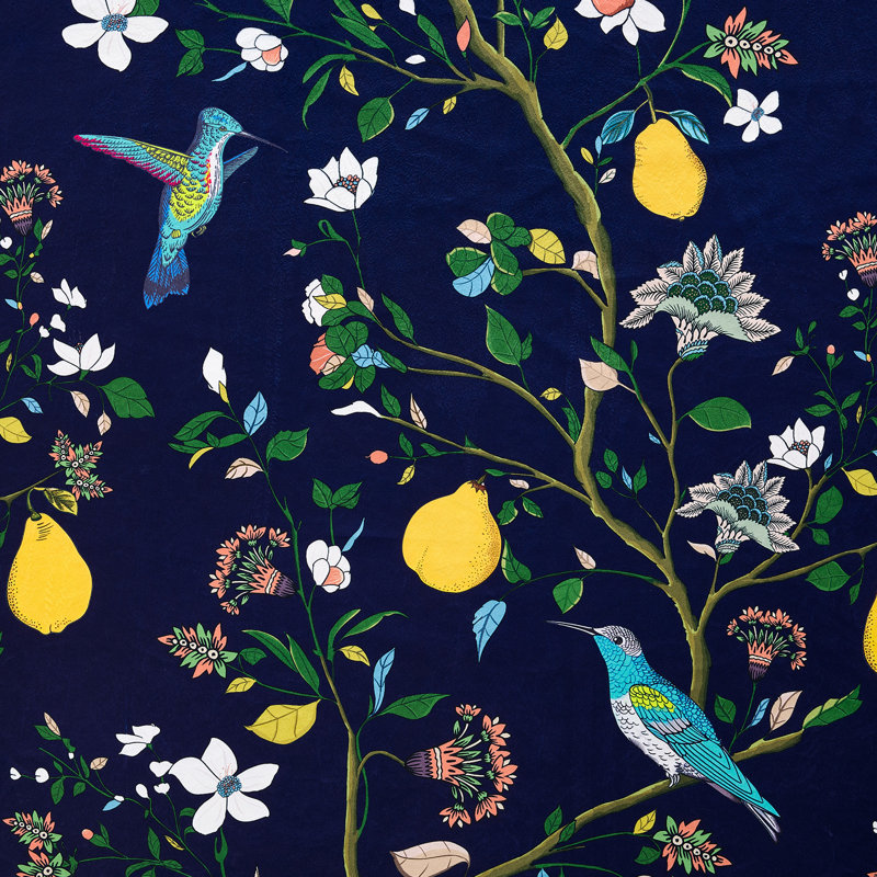 Luxury Velvet Fancy Hummingbird Blackout Curtain. Rod Pocket Back Tab Thermal Insulated Room Darkening Drapes（set of 2）, Navy